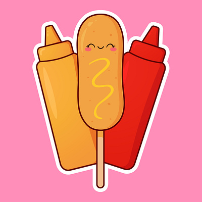 Kawaii corn dog with sauce bottle adorable cartoon character corn dog fastfood food illustration kawaii mascot sauce street vector