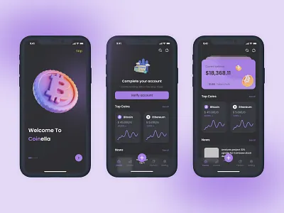 Coinella - A Crypto Application adobe xd bitcoin clean clean ui crypto design figma figma ui minimalist mobile ui userinterface wallet website
