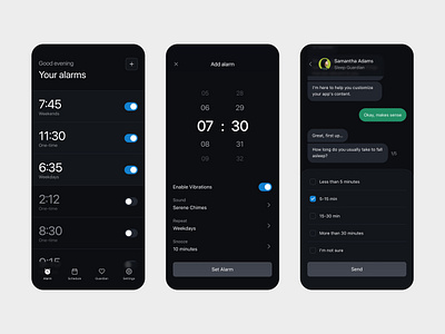 Mobile App Design: Alarm Clock alarm clock alarm list animation blue button chat chat bot checkbox conversation dark mode design inspiration message messaging messenger mobile design new alarm purple red toggle user interface