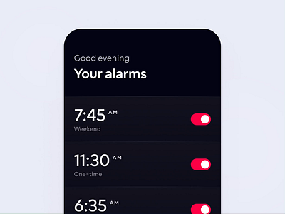 Alarm Clock App alarm clock alarm list animation blue button chat chat bot checkbox conversation dark mode design inspiration message messaging messenger mobile design new alarm purple red toggle user interface