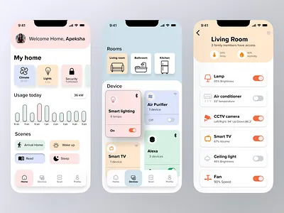 Smart Home Control App Design app branding breakdown cards colors control controls design entertainment illustration lighting security smarthome ui vector