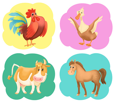 Educational cards for children (onomatopoeia) branding cards charactersdesign childrensbookillustrator cow cute duck educational face graphic design horse illustration illustrator