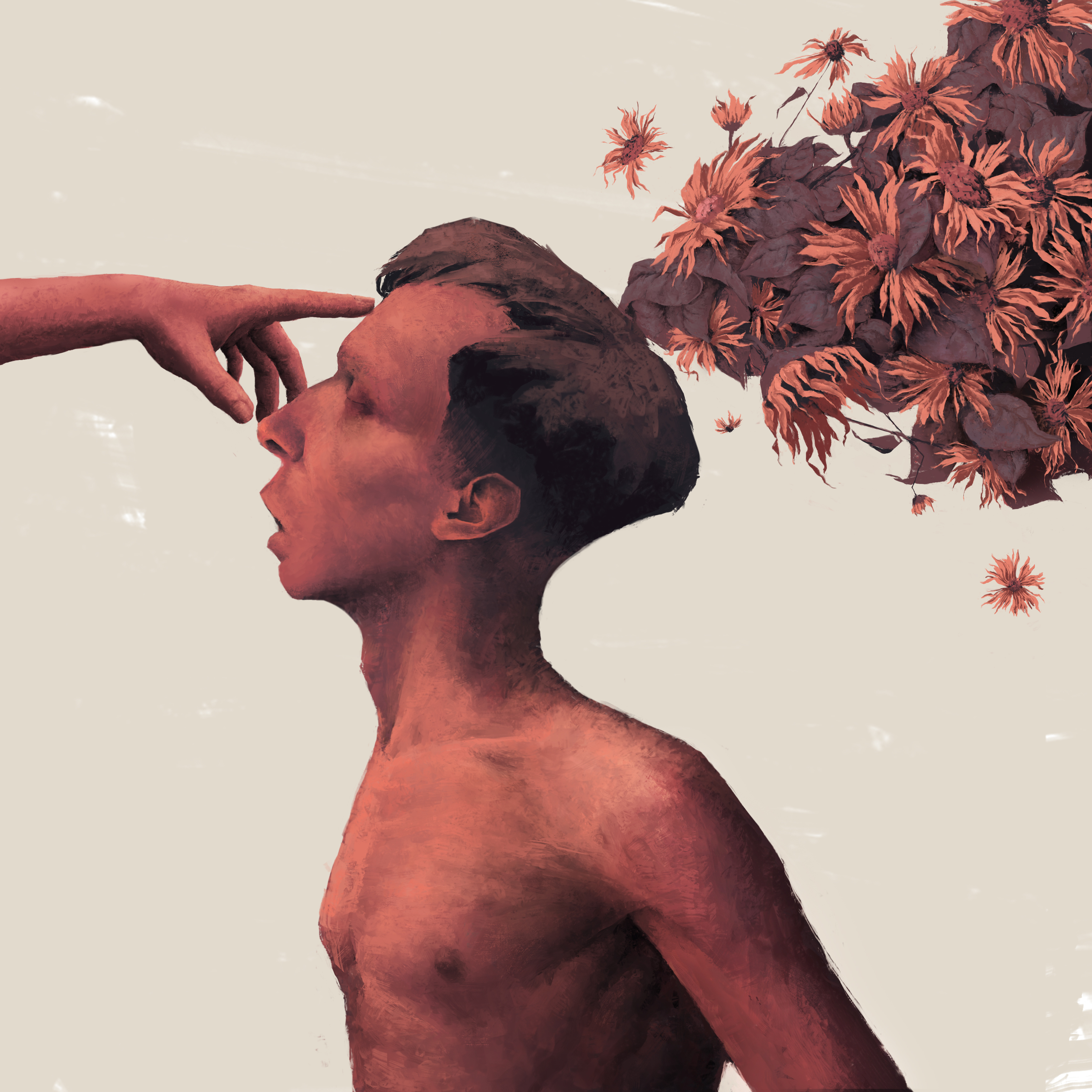 flower shot cover art flower hand head illustration painting realist red