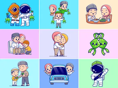 Happy Eid Mubarak👳🏻‍♂️🧕🏻🕌✨ astronaut character cute diamond diver eid al fitr eid mubarak family icon idul fitri illustration islam ketupat kids lebaran logo mudik muslim people space