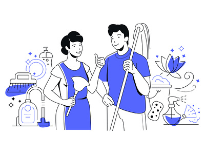 Cleaning - line art illustration character cleaning couple design family flat design illustration line line art service style vector