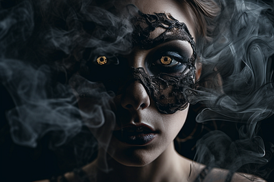 a woman wearing a mask with smoke coming out of her face ai art dark detailed painting mysterious