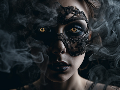 a woman wearing a mask with smoke coming out of her face ai art dark detailed painting mysterious