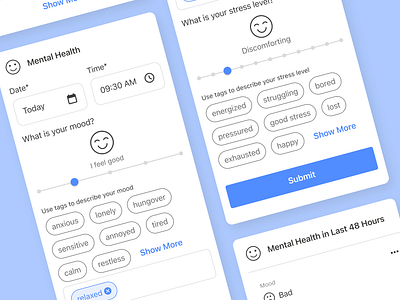 Heal My Gut App - Daily Logs Widgets app design emojis emotions health healthcare lifestyle mental health mobile mood product scale stress tags ui ux vitals tracking