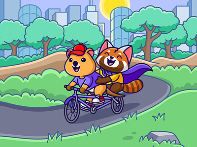 Best Friend adorable background best friend bicycle cartoon character children comic cute enjoy happy illustration kids mascot park quokka red panda riding sign in tandem