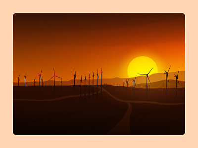 Illustration - Wind farm sunset farm illustration minimal paths roads sun sunset wind wind farm
