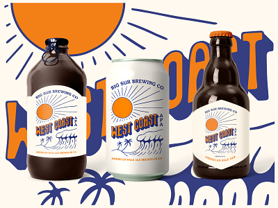 West Coast Beer Identity and Packaging beach beer beer can beer label beer packaging brand identity branding california coastal craft beer design graphic design illustration logo packaging palm tree retro surf tropical vintage