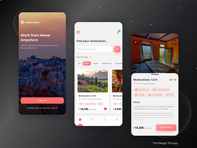 Workcation - Mobile App app branding design experience hostels hotels interface product travel typography ui ux workcation