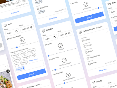 Heal My Gut App - Daily Logs Widgets activity app body pain design health health tech healthcare history lifestyle mobile mood product scale ui ux vitals tracking widgets
