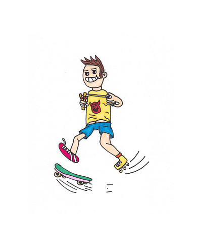 Skate or Blade boy cartoon character drawing hand drawn illustration markers motion rollerblading skateboard skateboarding slingshot