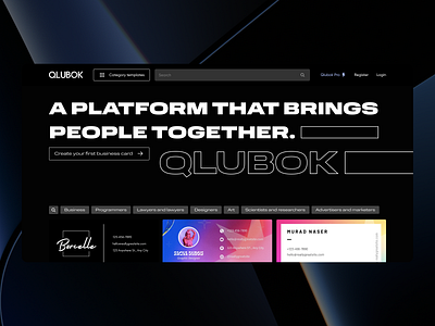 QLUBOK - landing for service to create electronic business card business card dark theme design extended fonts landing ui ux ux ui web