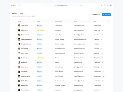 Table Component 📈 active add user cms collaboration data dataanalytics datadesign datatable download csv email name onboarding permissions sergushkin status tabledesign tags teammanagement users workplace