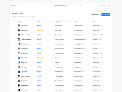Table Component 📈 active add user cms collaboration data dataanalytics datadesign datatable download csv email name onboarding permissions sergushkin status tabledesign tags teammanagement users workplace
