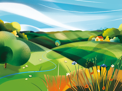 Spring fields background design blue sky farm fields flowers grass landscape landscape illustration nature rolling hills sheep spring spring illustration wild flowers