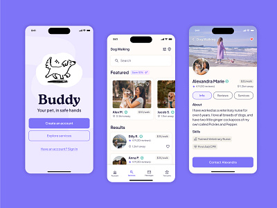 Buddy Dog Walking App brand identity illustration product design ui
