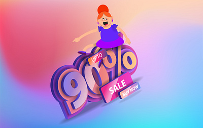 Cartoon girl is sitting on huge numbers 90 percent discount icon