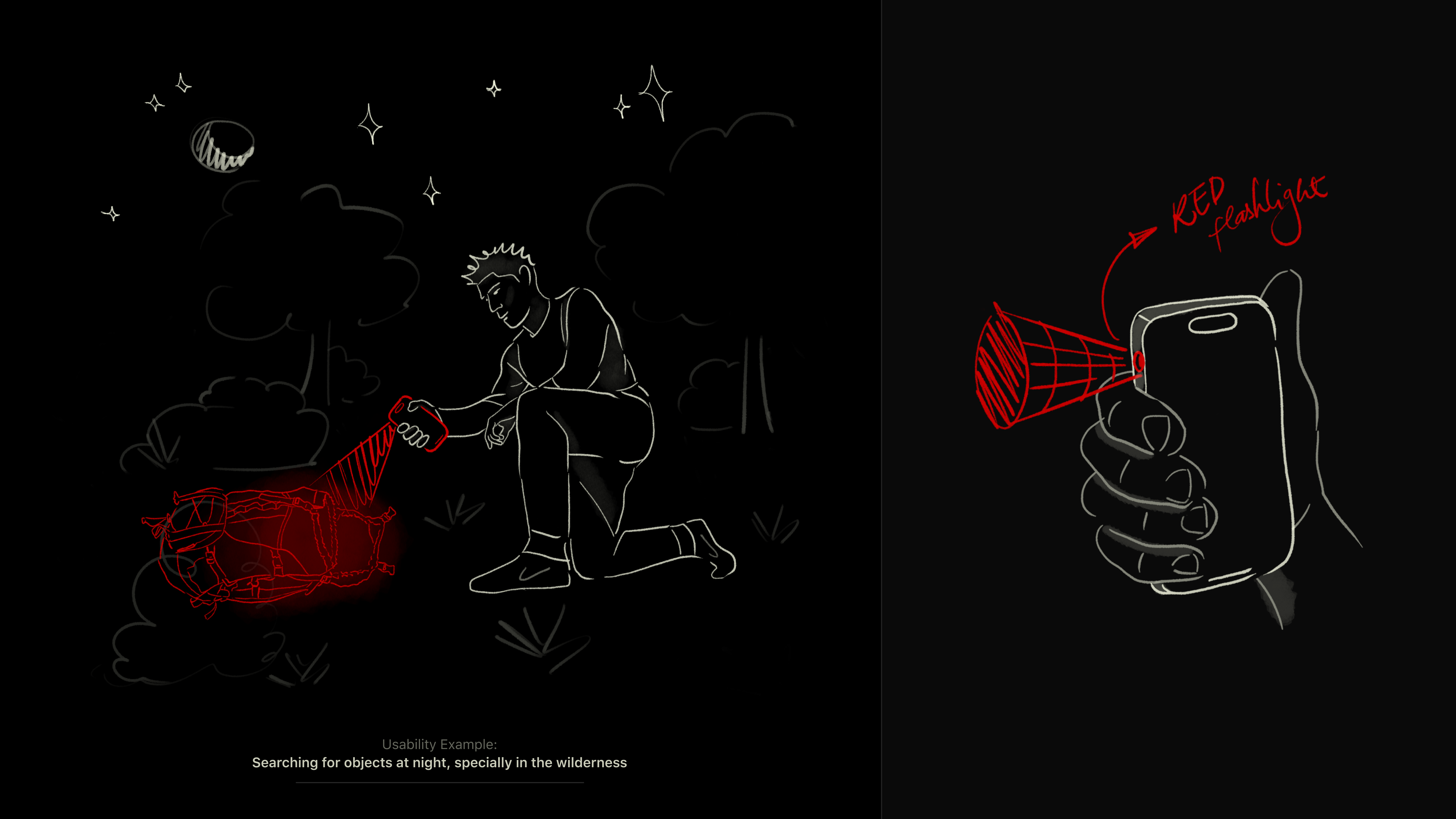 (Illustration) Usability Example: Searching for objects at night, specially in the wilderness