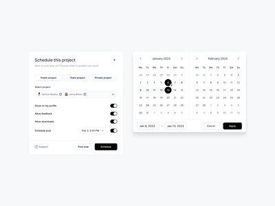 Schedule project modal 🗓️ creativity designinspiration dribbble feedback interactiondesign modal post now private project projectmanagement public project schedule scheduler scheduling sergushkin support switcher team project userinterface ux webdevelopment