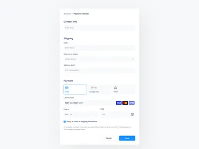 Payment methods - Light Versionš„ account address line bank billing card number contact info cvc finance google pay inputs master card modals money payment payment methods shipping stripe transaction visa card