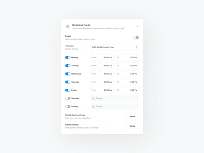 Scheduling & Hours | Business hours 🕙 appointments availability booking businesshours closingschedule create whitelist customization designcomponents modaldesign openinghours remindernotifications reservations scheduling sergushkin set up timemanagement timezone uiuxdesigner usability uxdesign