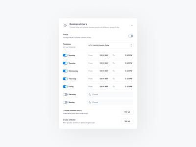 Scheduling & Hours | Business hours 🕙 appointments availability booking businesshours closingschedule create whitelist customization designcomponents modaldesign openinghours remindernotifications reservations scheduling sergushkin set up timemanagement timezone uiuxdesigner usability uxdesign