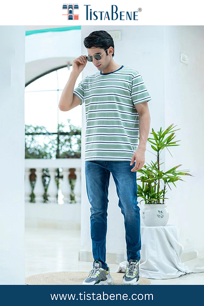 Light Green Color Strips Round Neck Cotton T-Shirt For Men apparel clothing fashion mens fashion