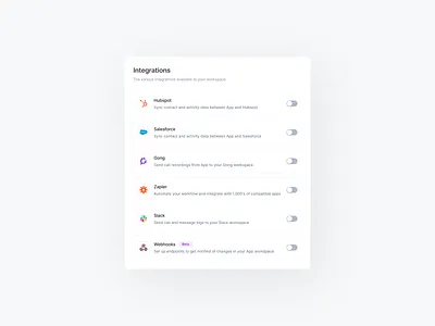 Integrations ⚡️ app application beta design system dialog gong hubspot integration integrations low code modal salesforce selector slack switch sync toggle webhooks workspace zapier