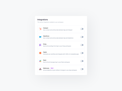 Integrations ⚡️ app application beta design system dialog gong hubspot integration integrations low code modal salesforce selector slack switch sync toggle webhooks workspace zapier