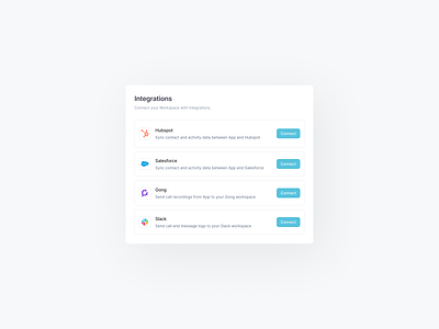 Settings - Integrations page ⚙️ add integration b2b saas clean connect connect apps connections design integration dashboard integration saas integration settings integrations interface page product design saas web settings ui ux web app workspace