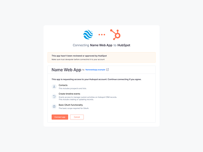 Settings — Integrations account clean connect app connecting contacts crm events functionality hubspot integrated integration integration settings integrations oauth preferences product design saas settings page timeline web app