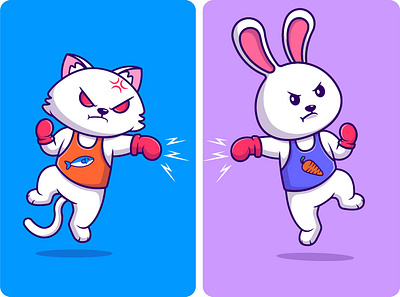 Animals Fight Boxing animal boxing bunny cartoon cat cute design fight illustration kitty pet rabbit sport vector