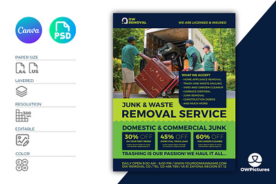 Junk Removal Services Flyer Template business canva canva template clean cleaning corporate design edit flyer food leaflet poster removal services trash waste