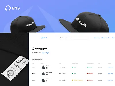 ENS Merch User Account ecommerce shopping web3 website
