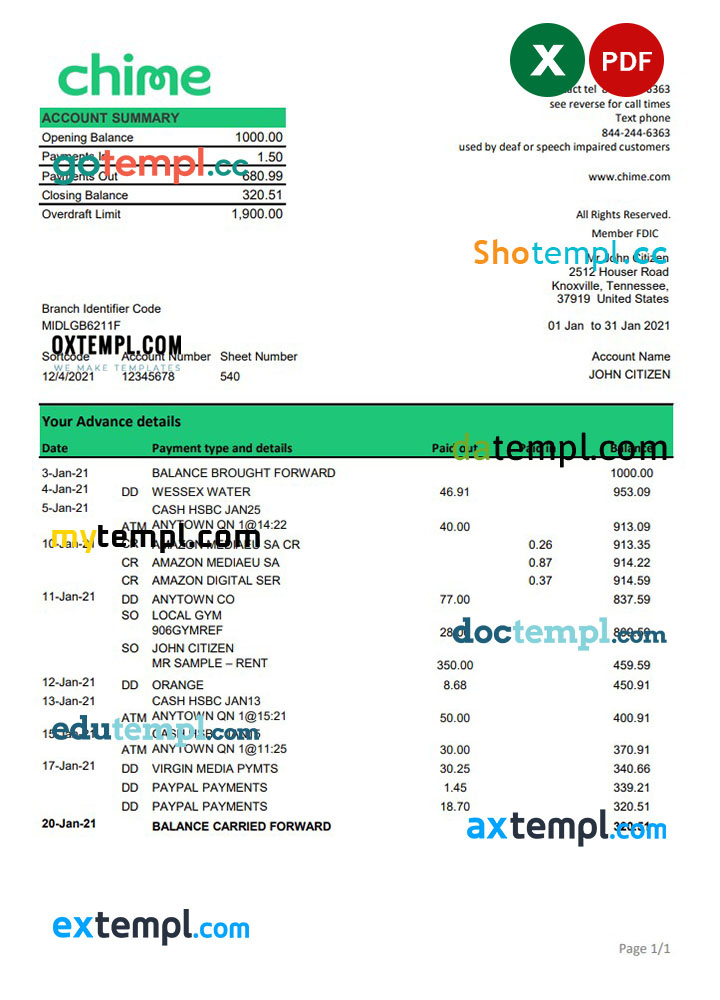 USA San Francisco Chime banking statement template in Excel by boxtempl on Dribbble