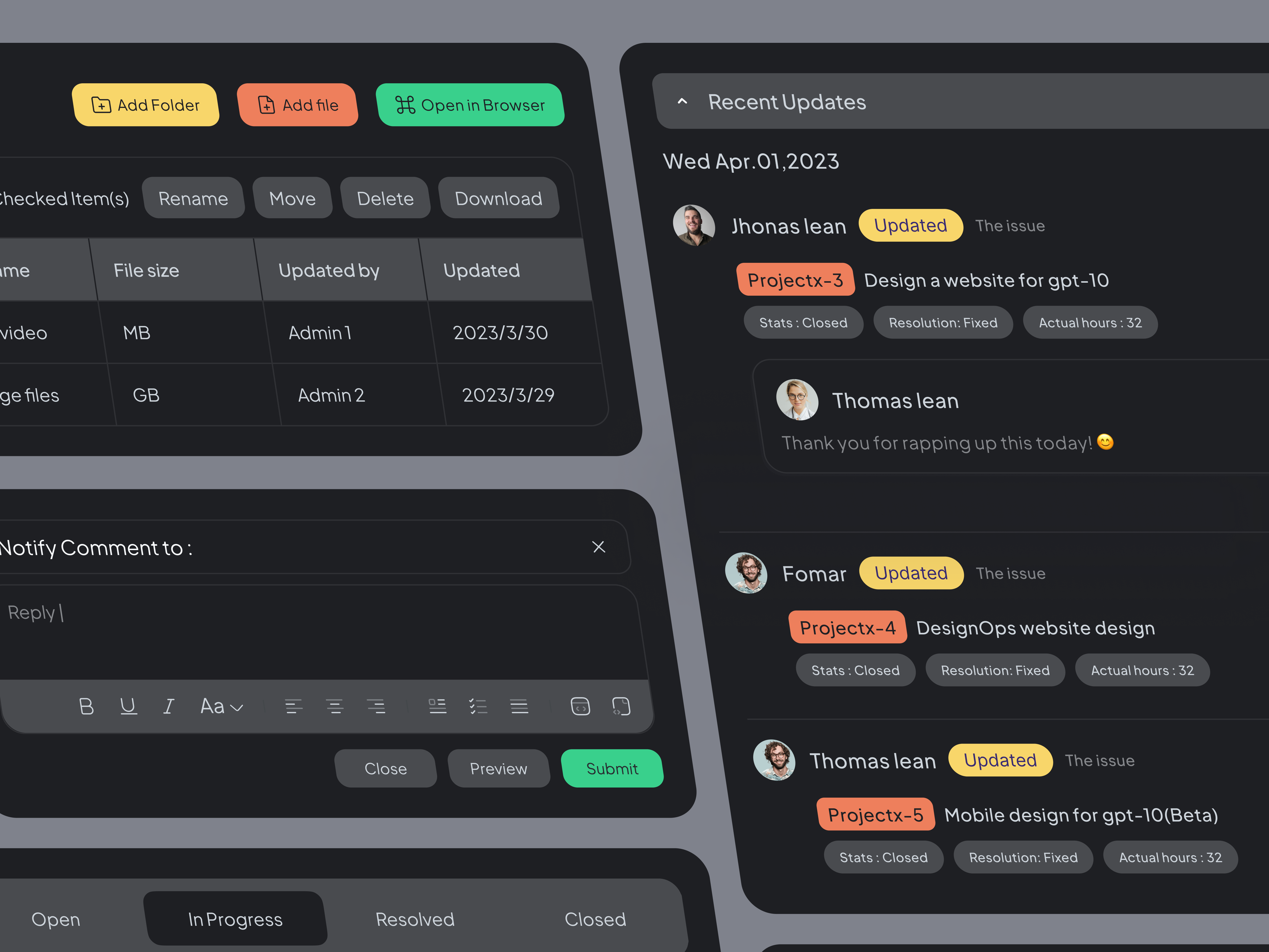 Project management tool concept builder cards ui dark design designsystem figma interaction manage mangement minimal product design project mangement projects saas team manager ui uidesign uxdesign web application webdesign