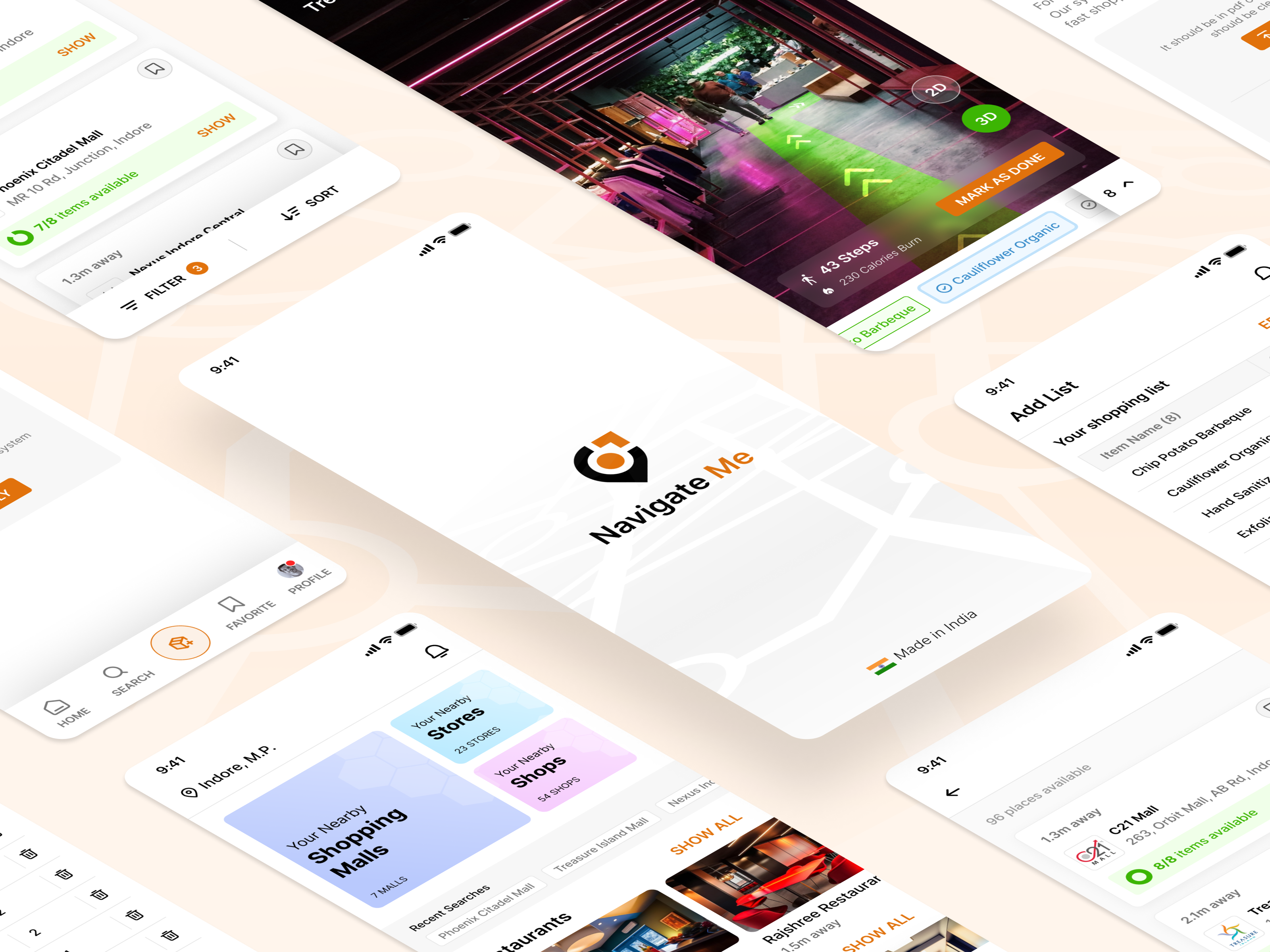 Navigate Me App 2d 3d app design bookmark design figma hospitals list location mall mall navigation mobile mobile app navigation restaurants search shopping store ui design