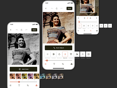 Colory - Photo Editor App app app design black and white case ctudy concept design figma ios ios app design minimalist mobile photo app photo editor product design ui ui app design ux ux design uxui vintage photo