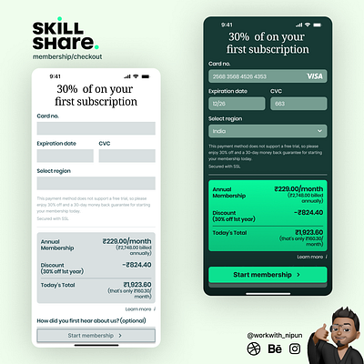 Skill Share mobile app membership checkout screen app appdesign dailyui design designinspiration interface design productdesign ui ux