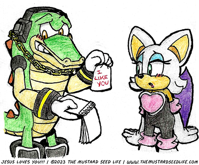 Vector x Rouge “I Like You” Valentine’s Day Art characters colored pencil cute fan art fanart illustration ink inks jesus loves you!!! marker rouge rouge the bat sonic sonic the hedgehog style stylized the mustard seed life traditional vector the crocodile vector x rouge