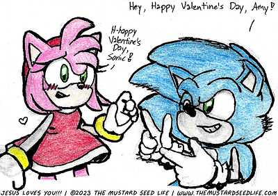 “Hey, Happy Valentine’s Day, Amy!” Sonic x Amy Art amy amy rose characters colored pencil cute fan art fanart illustration ink inks jesus loves you!!! marker movement run sonic sonic the hedgehog style stylized the mustard seed life traditional