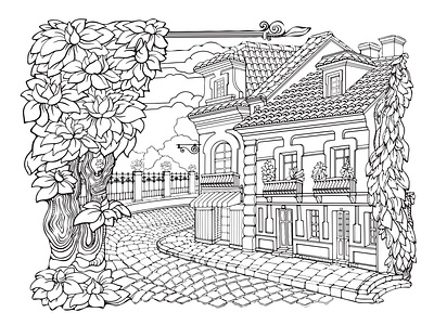 Little Cozy Town. Printable coloring page for adults. Vector. little cozy town