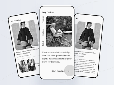 Fashion Blog App app article articles black and white blog blogging clean content design elegant minimal minimalist mobile modern post posts read reading simple writer