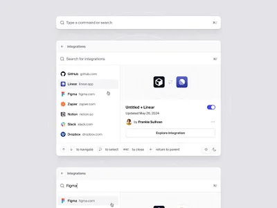 Command+K search menu — Untitled UI cmd k cmdk command k commandk integrations minimal product design search search menu searchbar settings ui design user interface ux design