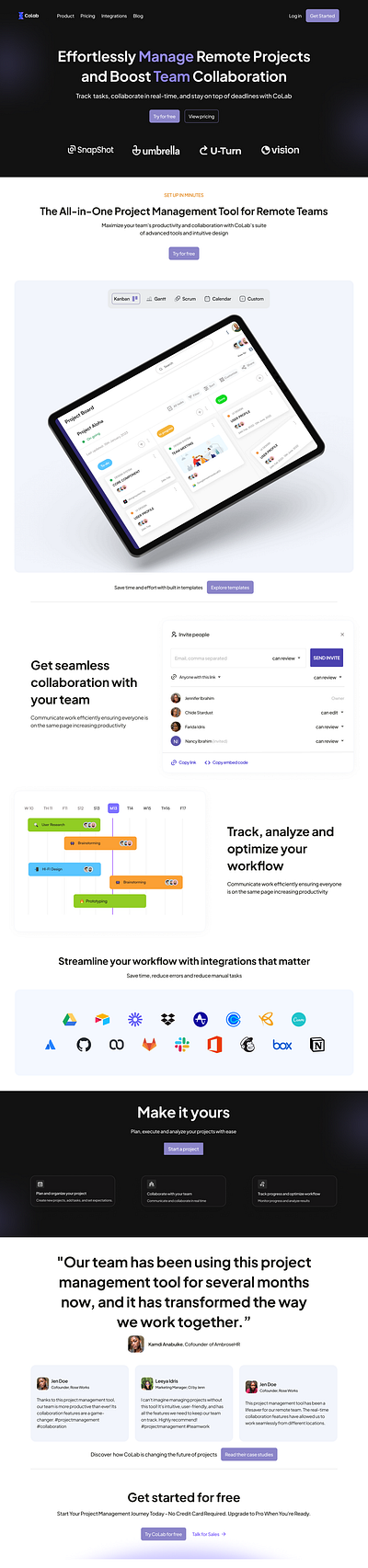 CoLab dark mode design figma to webflow landing page productivity project management remote work saas team collaboration ui ux workflow optimization