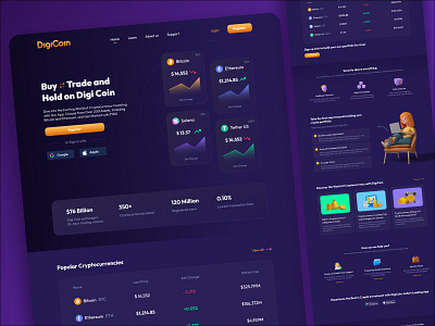 DigiCoin Cryptocurrency Landing Page Design 3d 3d website bitcoin blockchain crypto crypto exchange crypto landing page crypto wallet cryptocurrency digital currency landing page nft trading trending design ui uiux web web design website website design