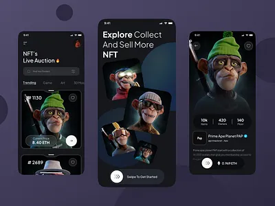 NFT - Marketplace (Mobile App) 3d app blockchain cryptocurrency dark digital art finance future graphic design ios app marketplace minimal mobile app nft nft design sci fi technology trend ui wallet